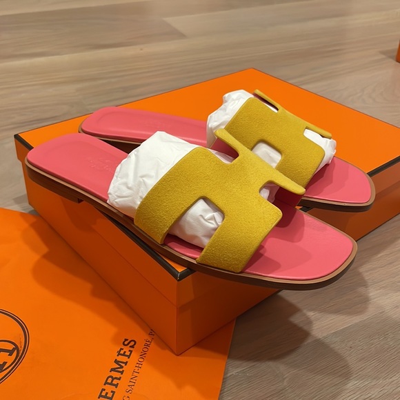 BNIB AUTHENTIC HERMES Suede Yellow & Pink Coral Orans SZ. 37.5 or 7.5 - Picture 6 of 13